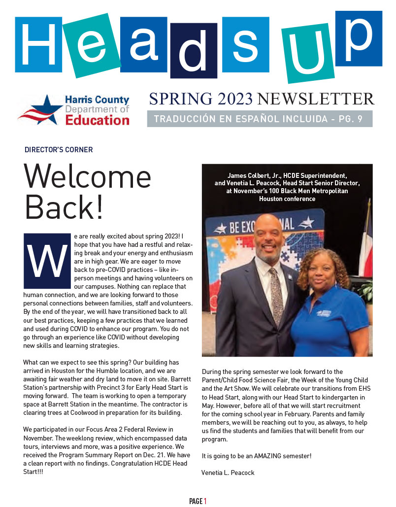 Image of the first page of the Heads Up Head Start newsletter 